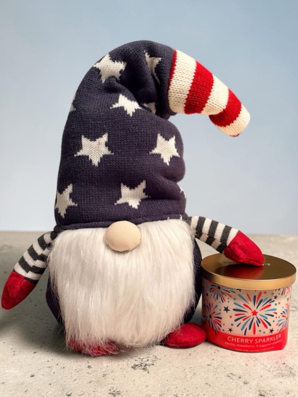 Patriotic 20” Gnome Plush 3 Wick Candle,  30” x 60” American Flag Beach Towel - Picture 3 of 16